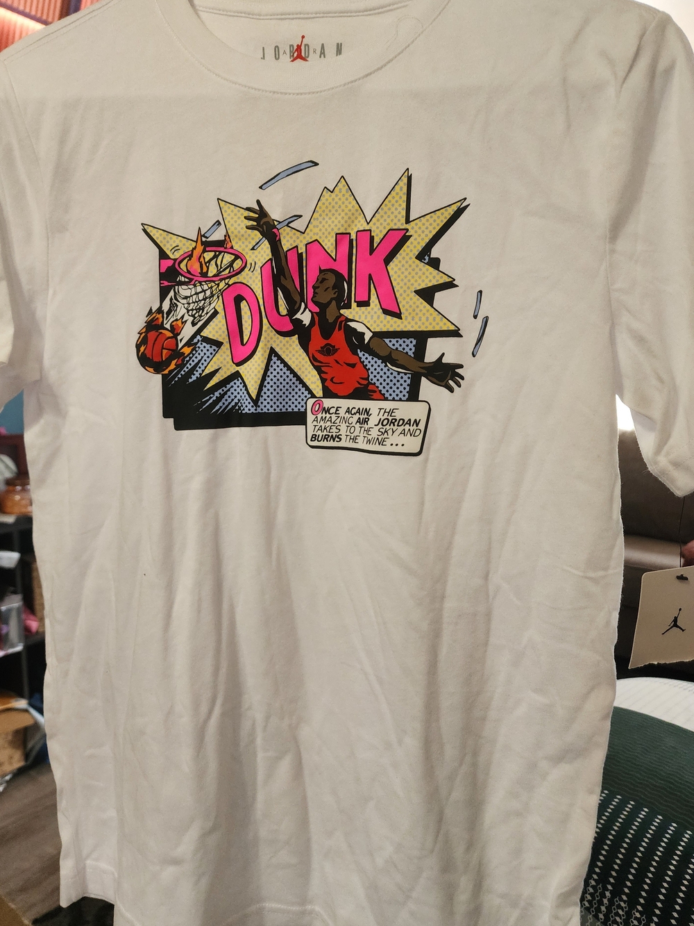 Jordan White Short-Sleeve Tee with Pink & Yellow 'DUNK' Comic Graphic Sz Lrg NWT
